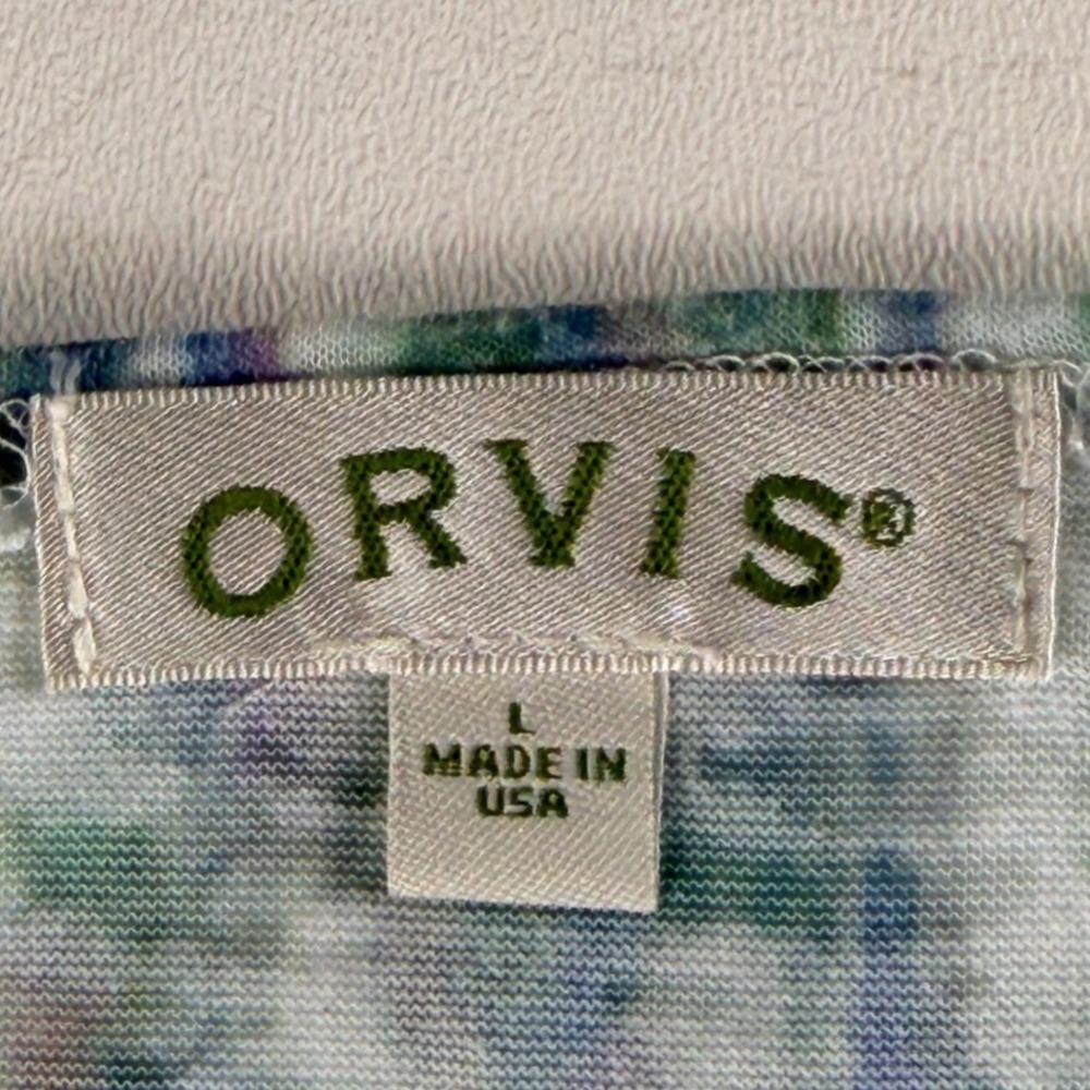 Orvis Womens Large 3/4 Sleeve Scoop Neck Abstract Watercolor Top Green Blue USA - Picture 6 of 7
